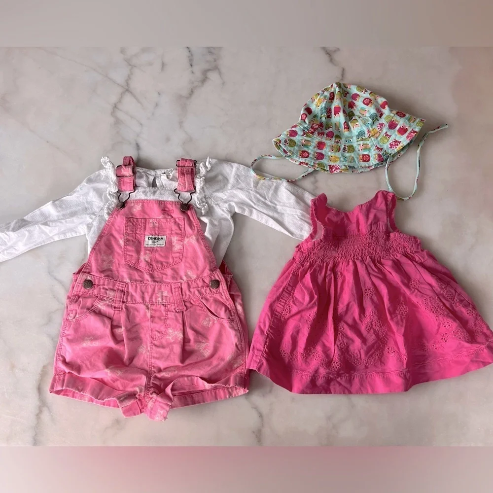 Oshkosh B'gosh Baby Girl Pink Bicycle Overalls Zutano Owls Hat Bundle 18 Months